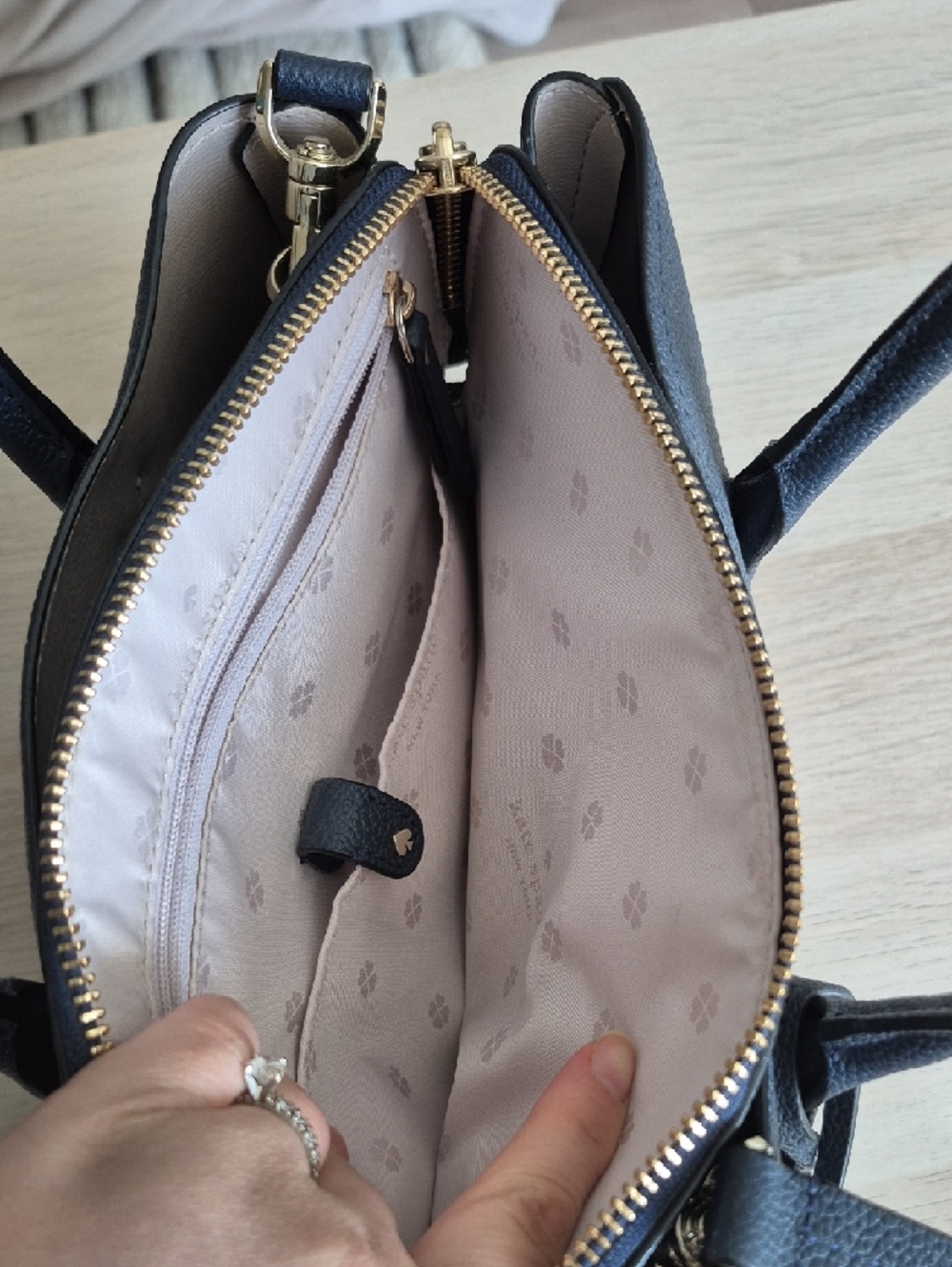 kate spade Medium Margaux Satchel navy pebbled leather satchel with gold accents - Picture 4 of 9